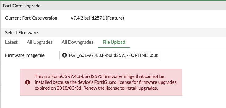 Fortigate ファームウェアアップグレード用の Fortiguard ライセンスの