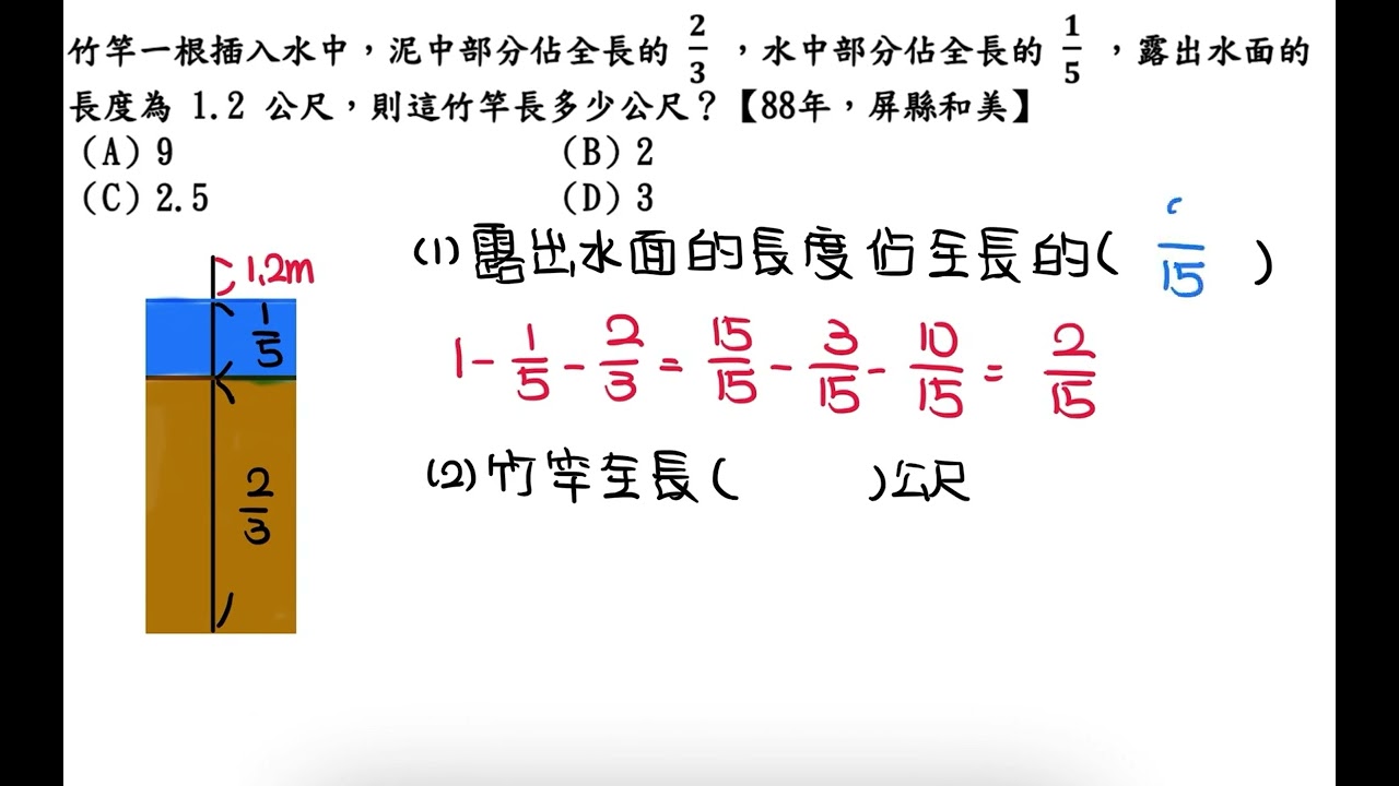 竹竿一根插入水中，泥中部分佔全長的2/3 ，水中部分佔全長的1/5 ，露出