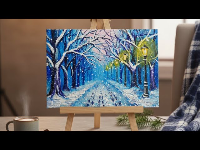 油絵】静寂な冬の夜を描く「雪の散歩道」｜街灯の光と足跡が紡ぐ物語