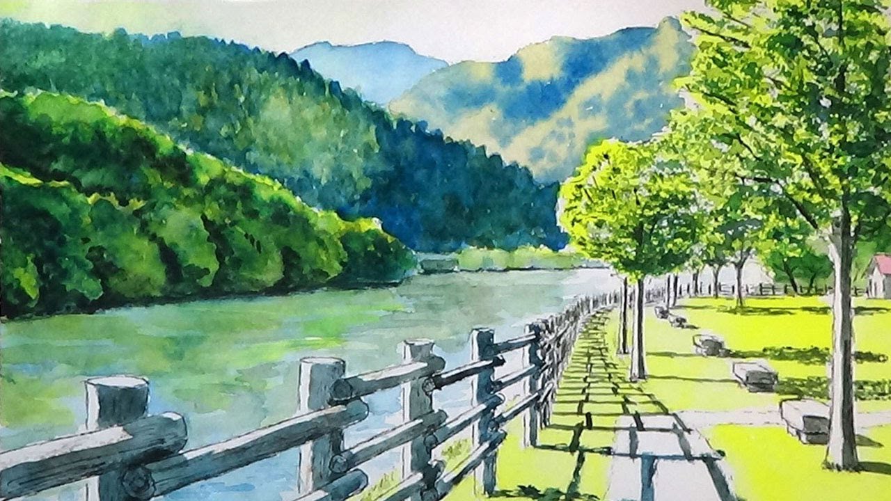湖畔の散歩みち (透明水彩風景画) Lakeside promenade【Watercolor
