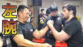 The rampaging giant's left arm is unstoppable! [Arm wrestling