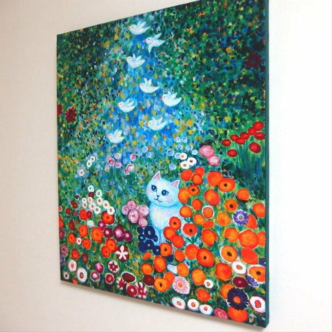 原画 「ねこと小鳥のフラワーガーデン（クリムトへのオマージュ