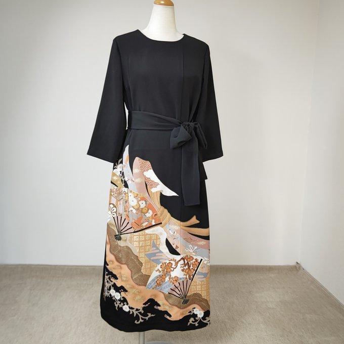 着物リメイク 13号 ワンピース 留袖ドレス 7分袖 ミモレ丈 裏付 扇