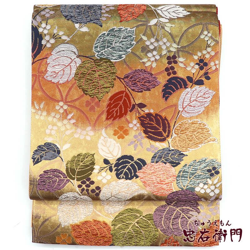 中古】 袋帯 フォーマル 純金箔唐織 正絹 六通柄 オレンジ 桐 段々柄