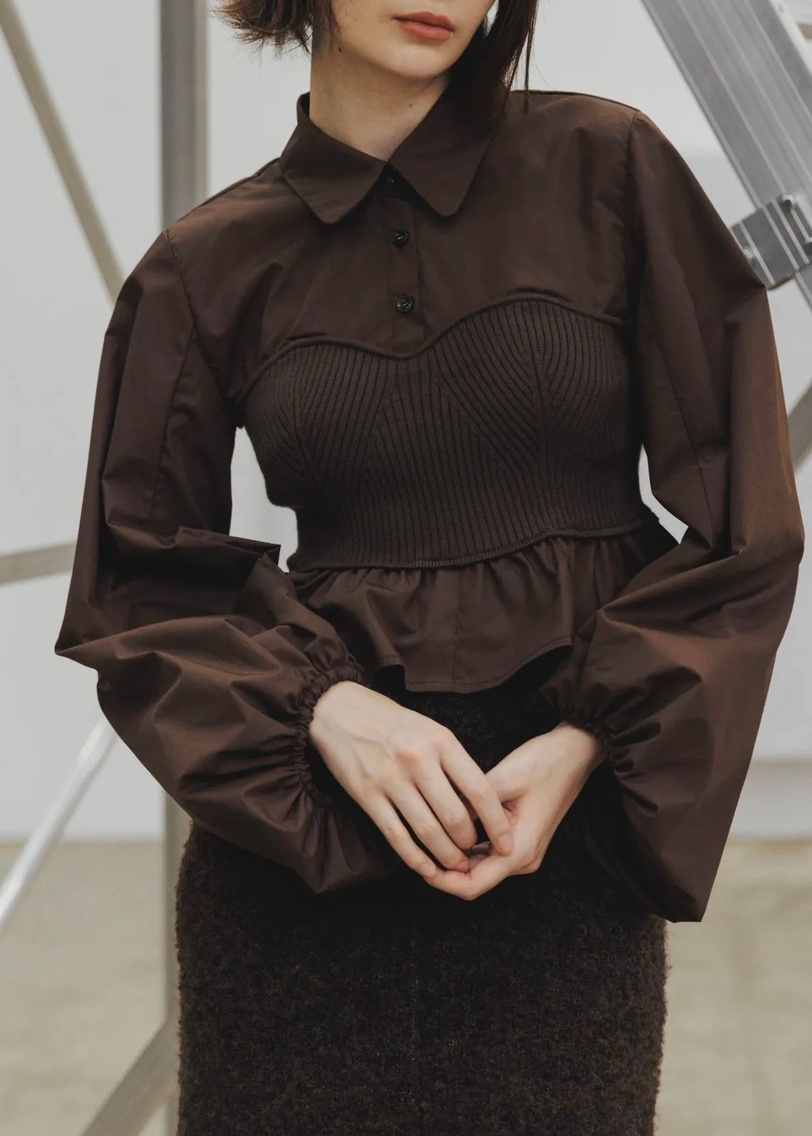 WILLFULLY - knit bustier docking peplum BL / ニットビスチェ