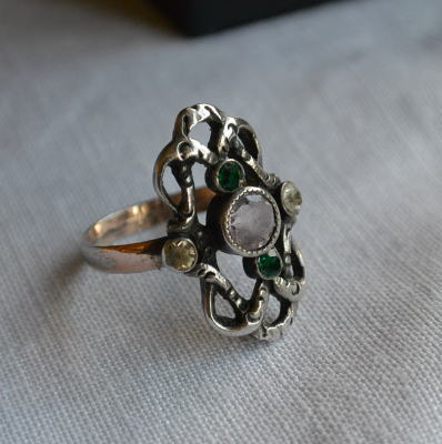 A-143 フランスアンティークジュエリー ガラス＆シルバーリング