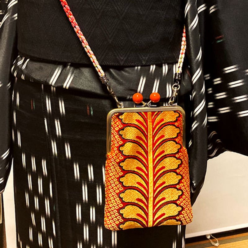 がま口サコッシュ えんじ独鈷藤模様帯 スマホショルダー | 和柄レザー