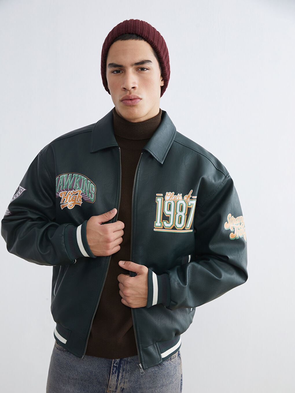 XSIDE Loose Fit Stranger Things Printed Men's Faux Leather Jacket