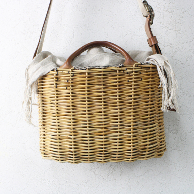 美品 ebagos エバゴス Eワッペン付ショルダー かごバッグ/ナチュラル