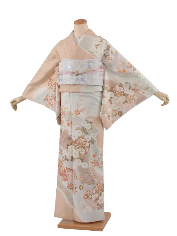 訪問着 特選 金彩豪華 雅やか四季の花々模様 木蘭色 袷正絹着物 HG4-