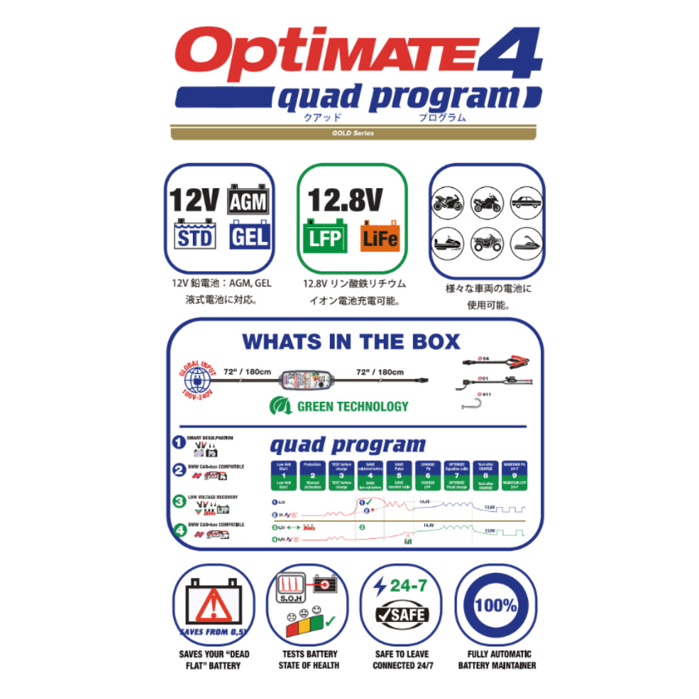 TECMATE OptiMate4 Quad Program(TM-637) 12V/12.8V 2A出力 バッテリー