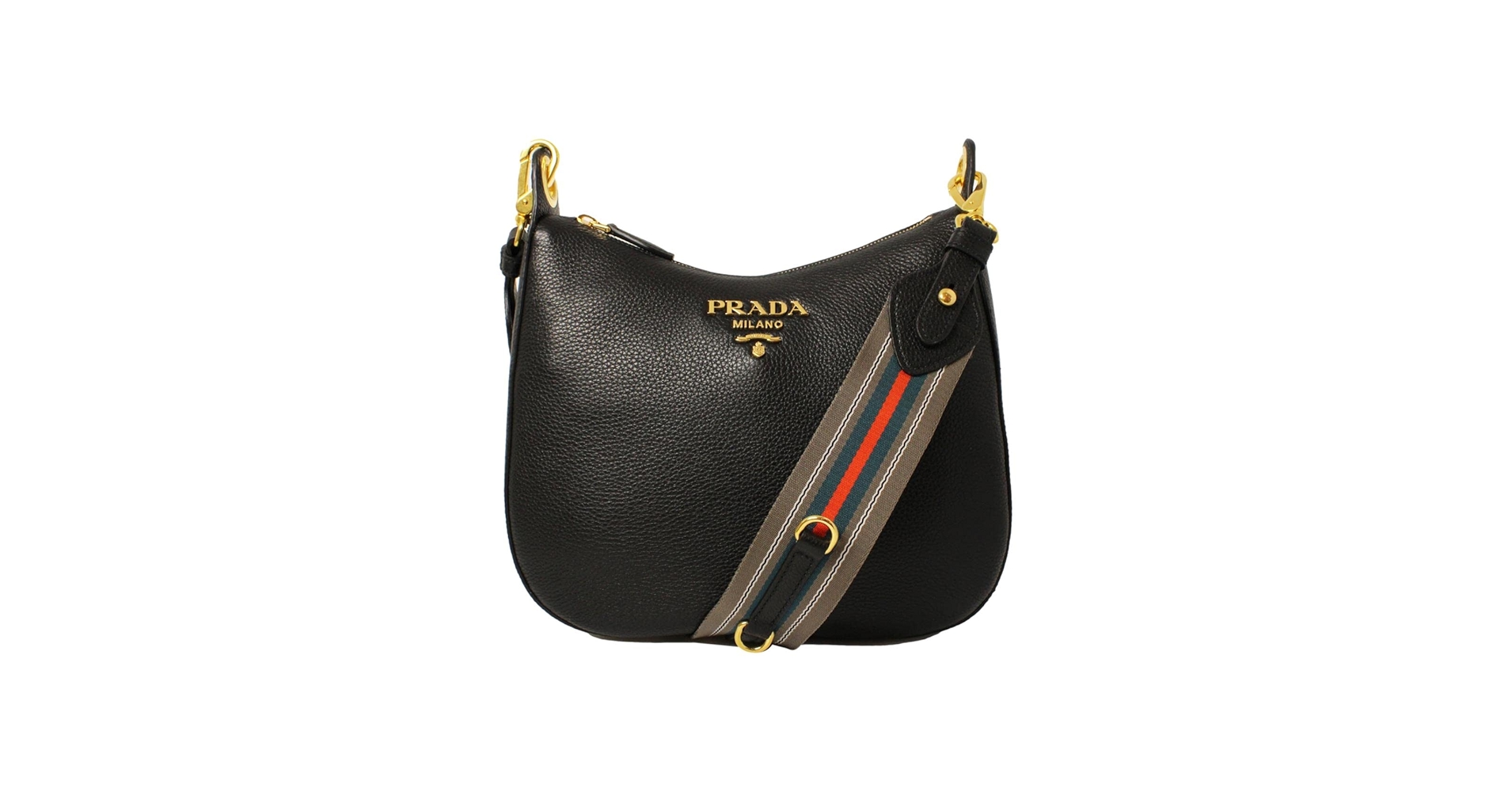 Prada Vitello Phenix Black Leather Crossbody Bag with Web Stripe