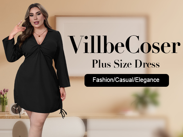 VillbeCoser Women's Plus Size Dress Long Sleeve V Neck A Line Mini