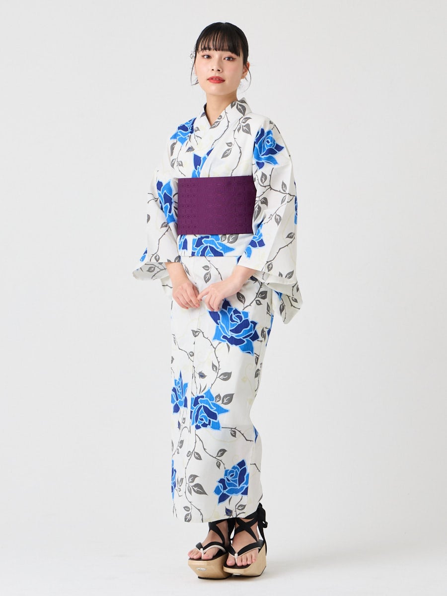 WEB限定】浴衣3点セット（浴衣「NaturalFurifu・青薔薇」+ 半巾帯「花