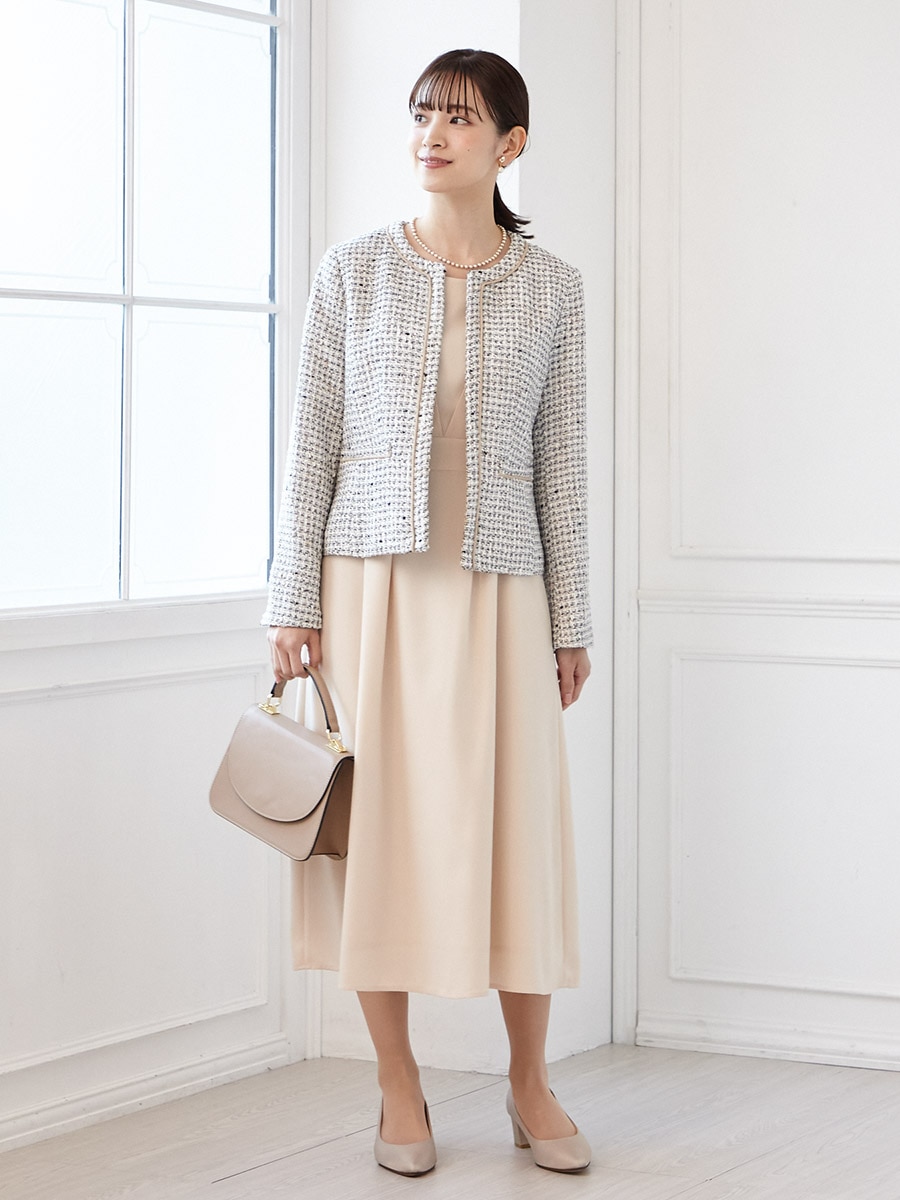 2点セット】ミックスツイードジャケット＋8分袖ワンピース(M ベージュ