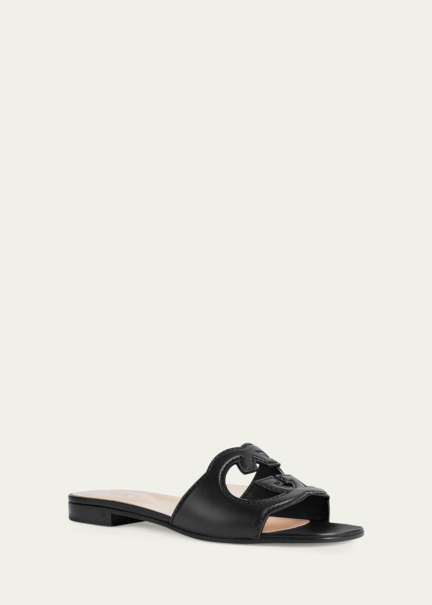 Gucci Leather Logo Cutout Flat Sandals - Bergdorf Goodman