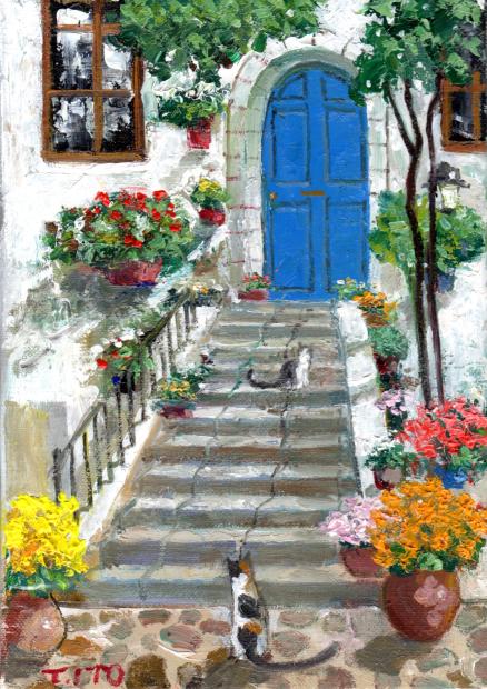 猫の絵画を油絵で描いた伊東拓実の猫の絵「青い扉と猫」をご購入