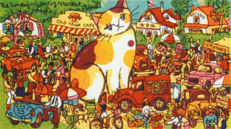 マイケル・ルーのポップアートの猫の絵画「サンデー・モーニング