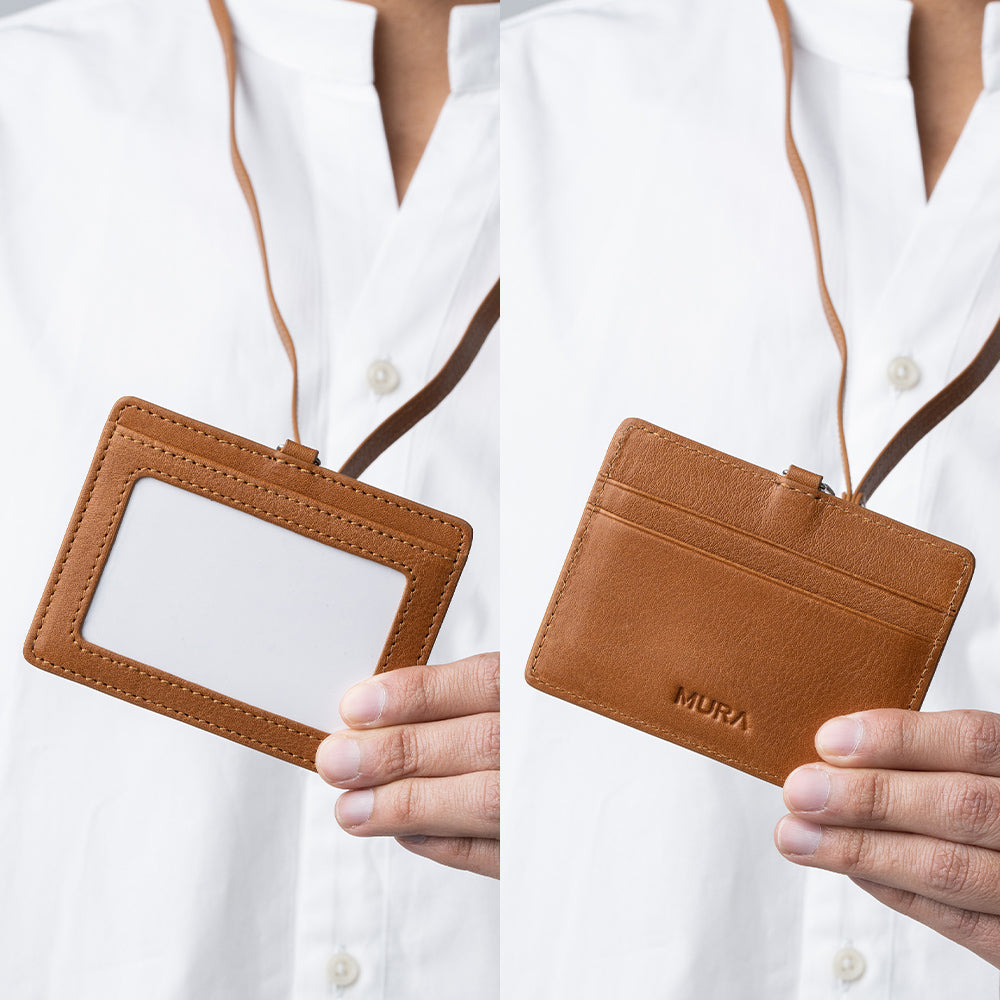 牛本革 ネックストラップ付 伸縮リール IDカードケース – MURA-ムラ
