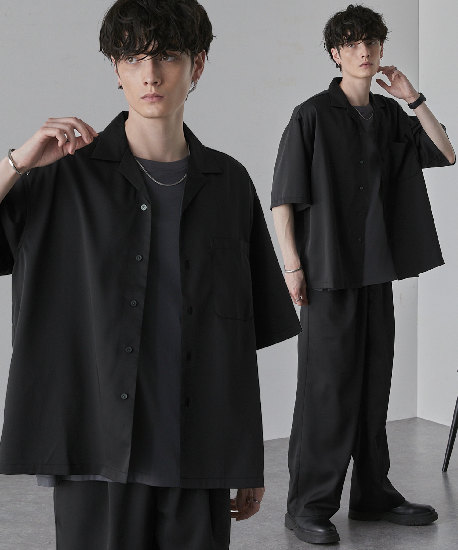 セットアップ】綾トロミ オーバーサイズ 半袖オープンカラーシャツ＋