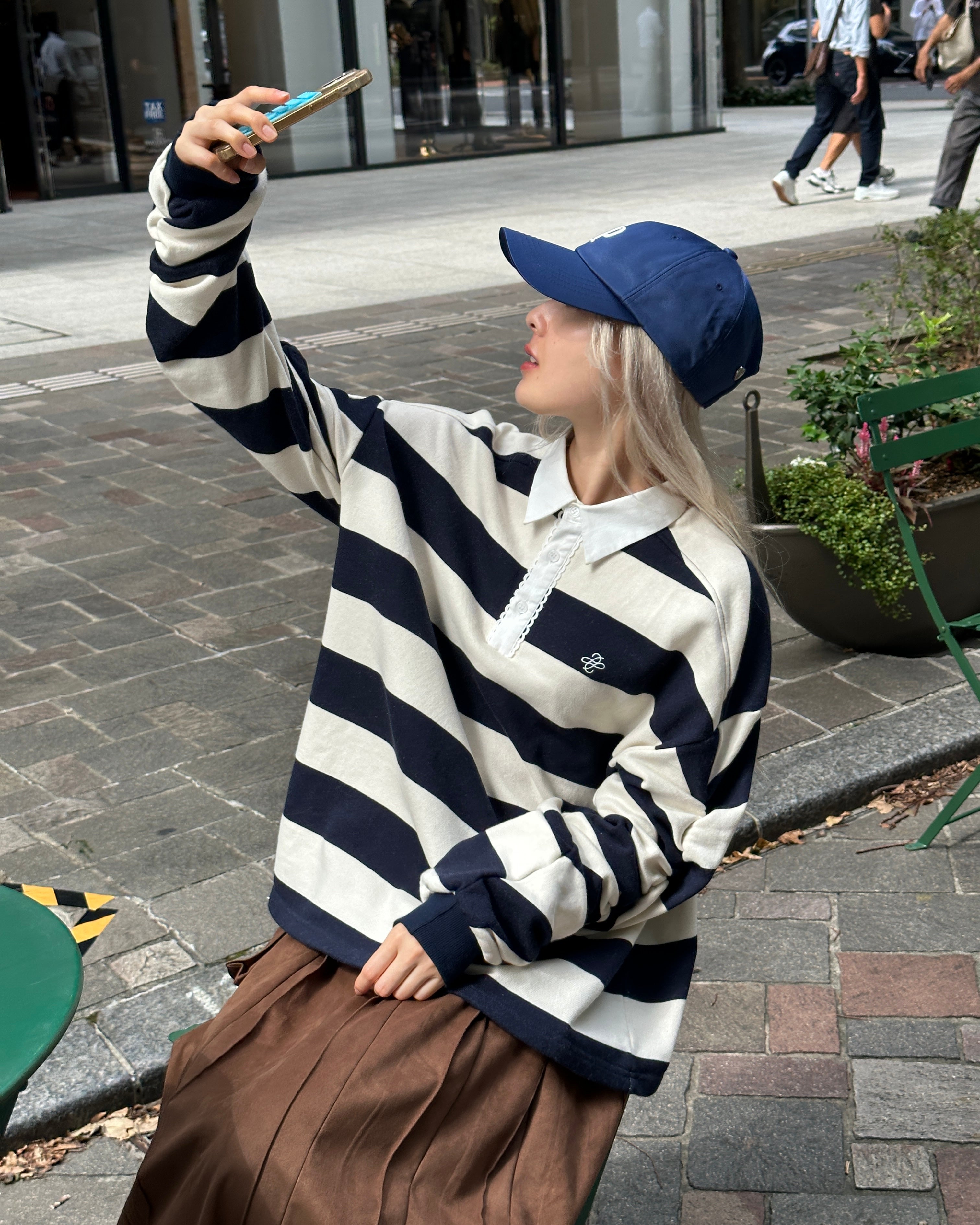 Gathered sleeve rugby shirt (ivory/navy)