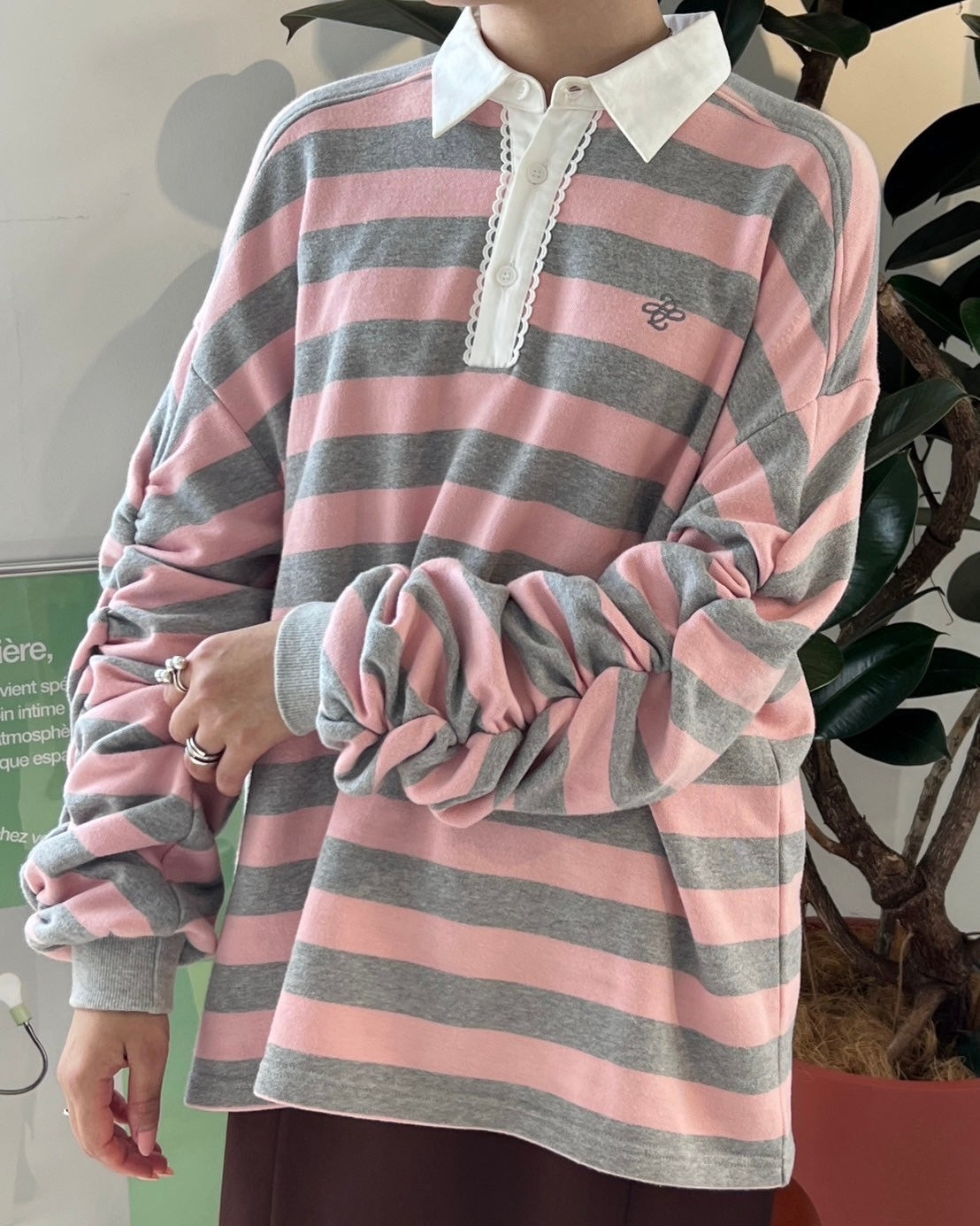 Gathered sleeve rugby shirt (pink/gray)