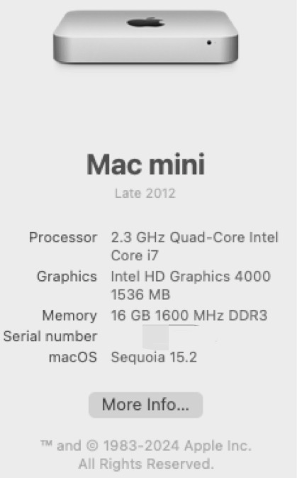 Mac Mini Late 2012 running Sequoia 15.2 : r/OpenCoreLegacyPatcher