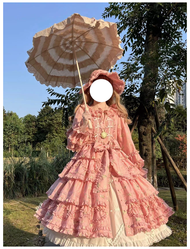 Fragments of Flowers 長袖ティアードワンピース・ピンク – ロリータ