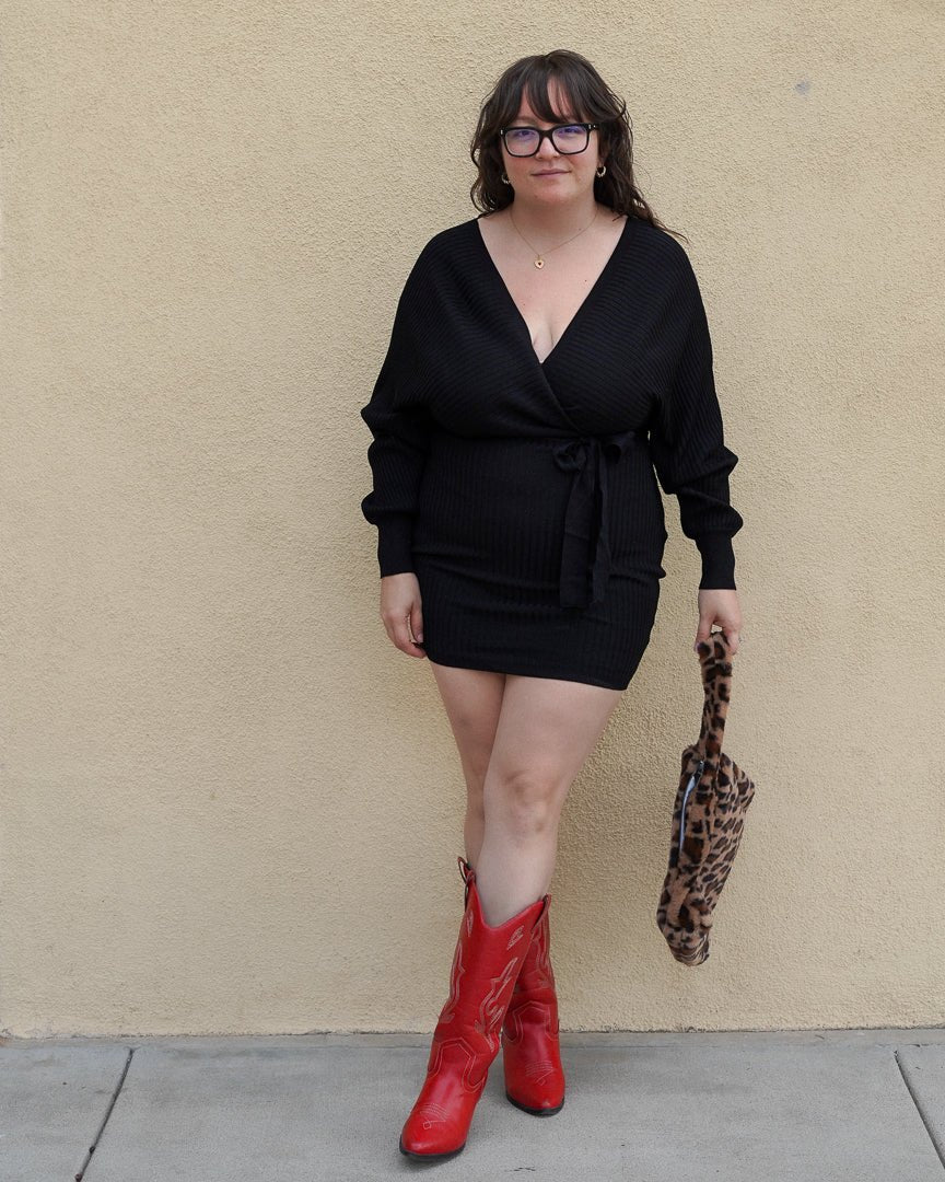 Black Off Shoulder Wrap Belted Ribbed Knit Sweater Dress – Cindy