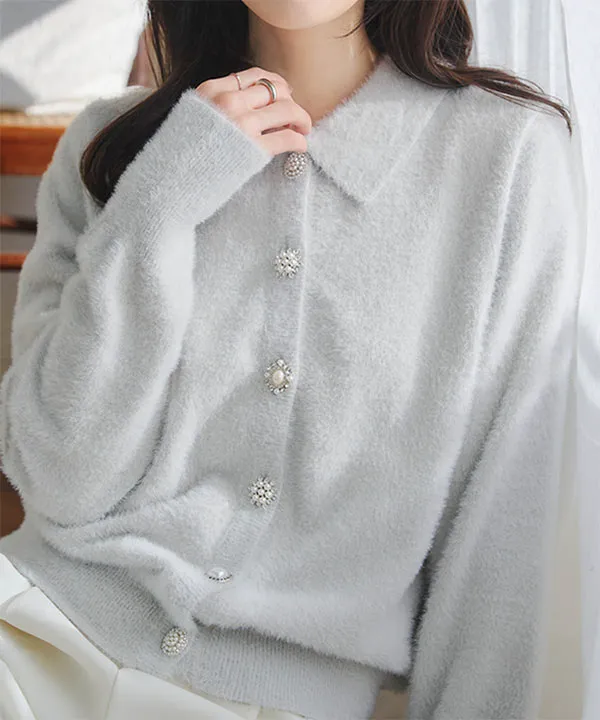 襟付きビジューボタンシャギーニットカーディガン[N1108] | SALE