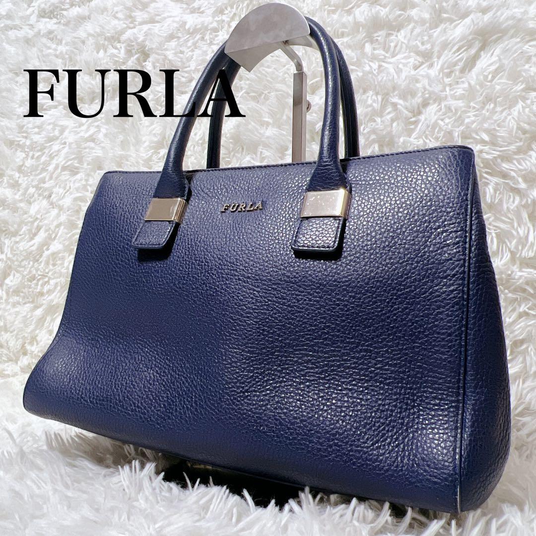 美品】 フルラ FURLA ハンドバッグ ネイビー レザー トートバッグ