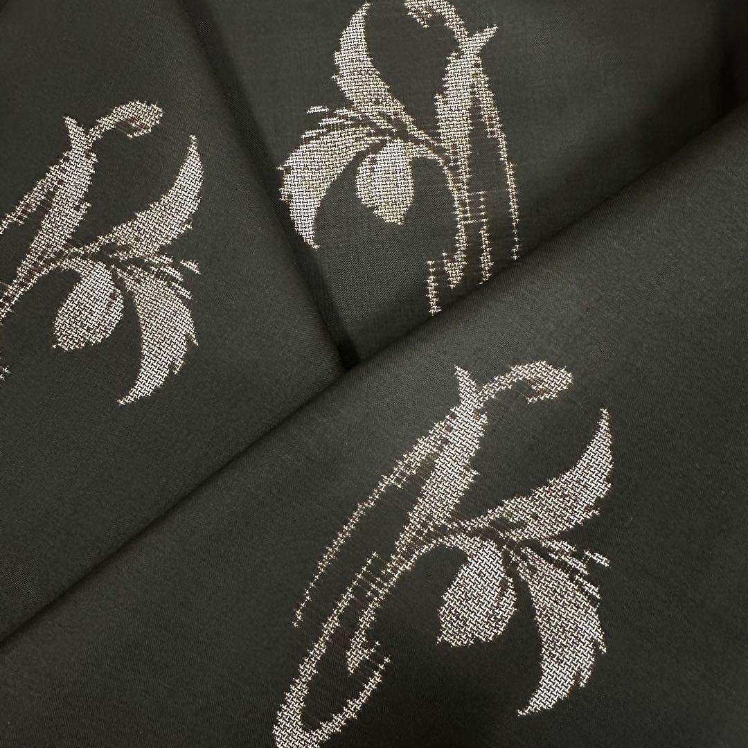 大島紬 袷 正絹 東京ますいわ屋 黒 地空き 植物飛び柄 身丈155.5裄63