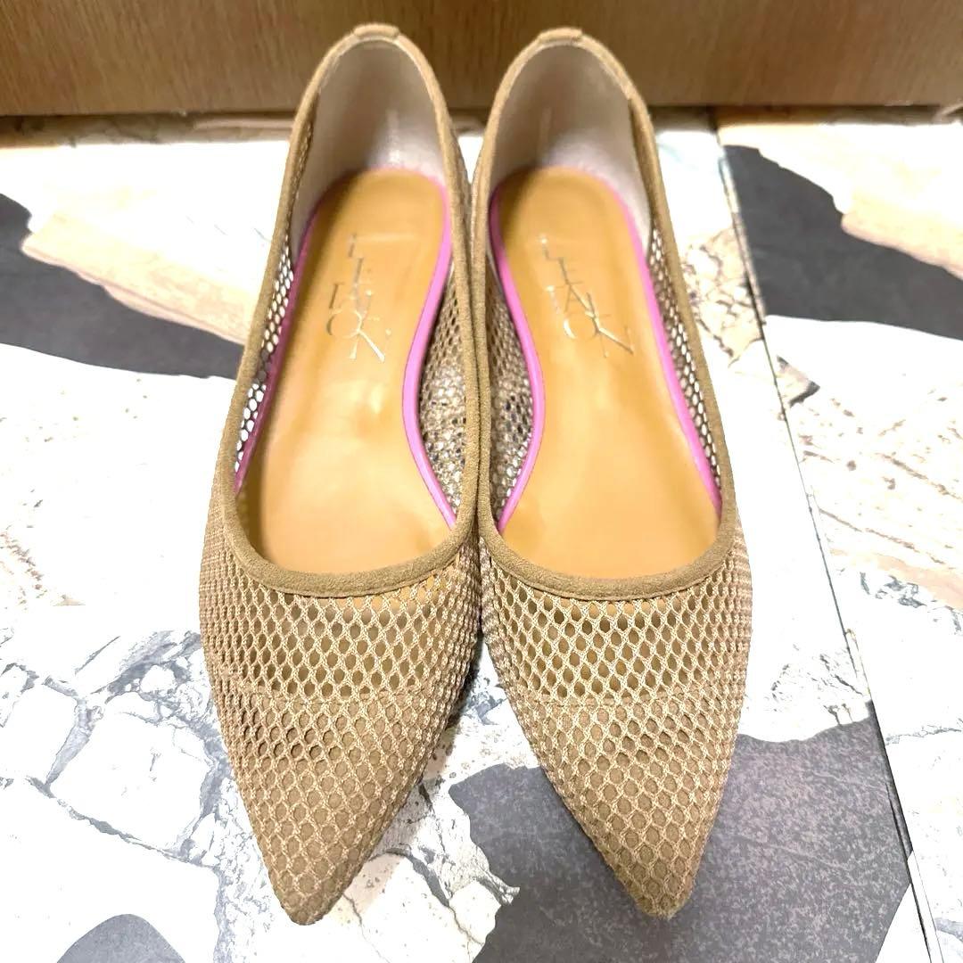 LETALON ルタロン ポインテッドネットフラットパンプス キャメル 24.0