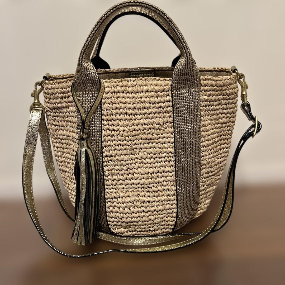 ヴィオラドーロ　かごショルダーバッグ　2wayミニ　ゴールド　ラフィア　フリンジ ヴィオラドーロ かごショルダーバッグ 2wayミニ ゴールド ラフィア