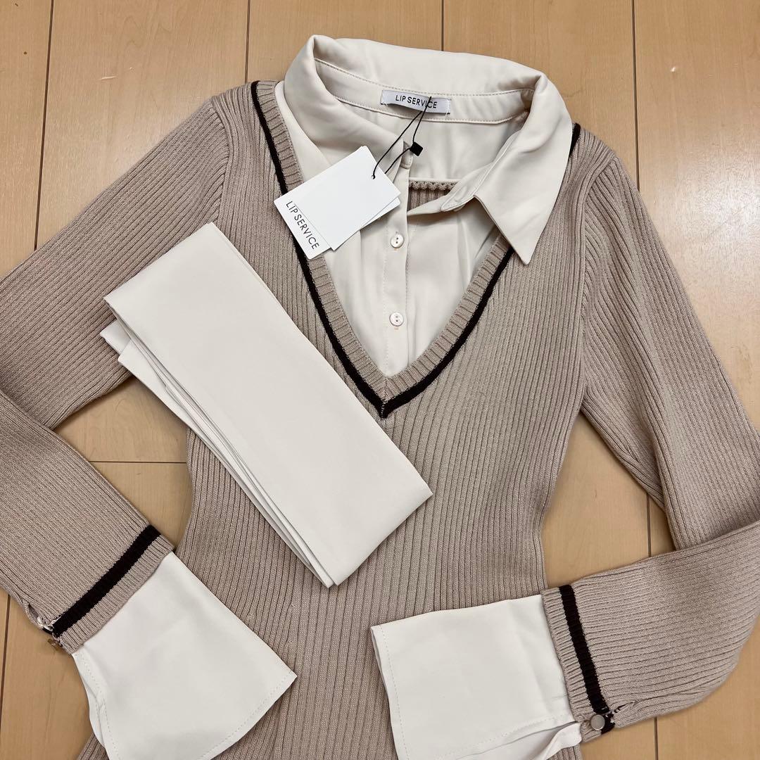 11新品リップサービスシャツドッキングプリーツワンピースベージュ