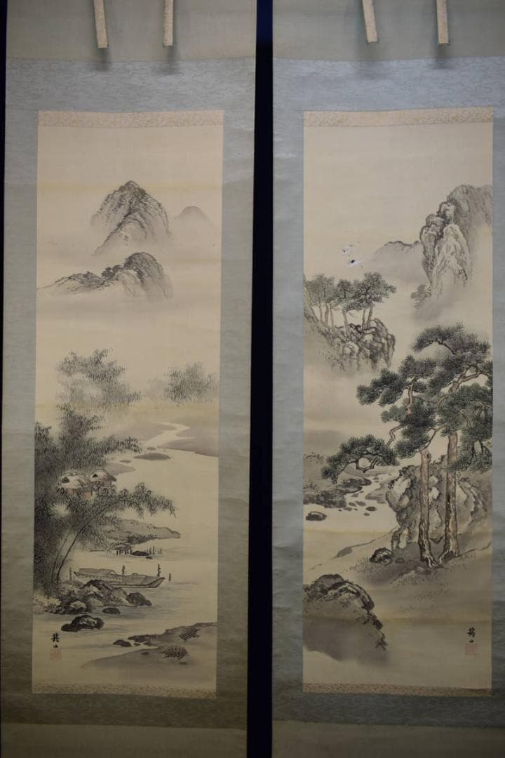 複製/川合玉堂/磯の朝/浜辺人物舟図/工芸/桐共箱付/布袋屋掛軸HI-412