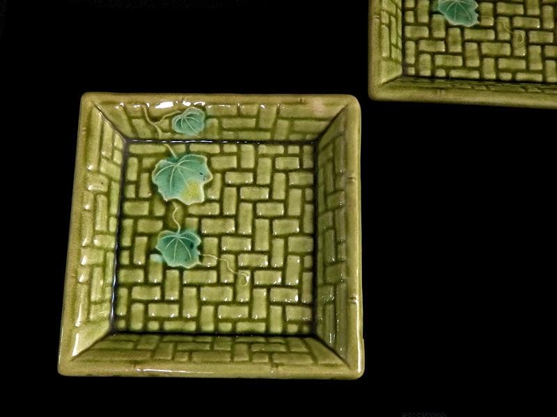 珉平焼 淡路焼 蔦図に網代の図 手塩皿 角皿 2枚