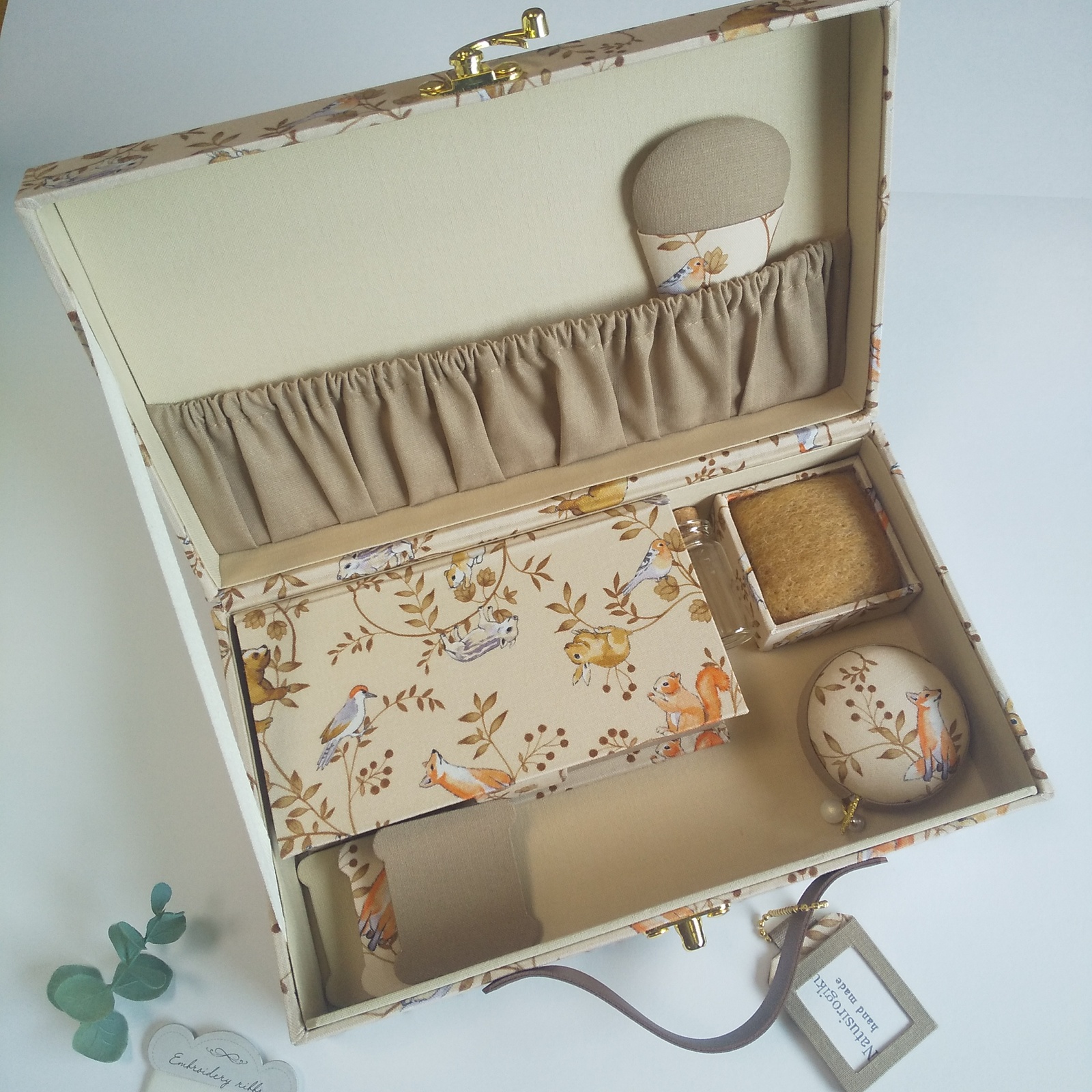 トランク型お裁縫箱とお裁縫道具のセット（ カルトナージュ、森の動物