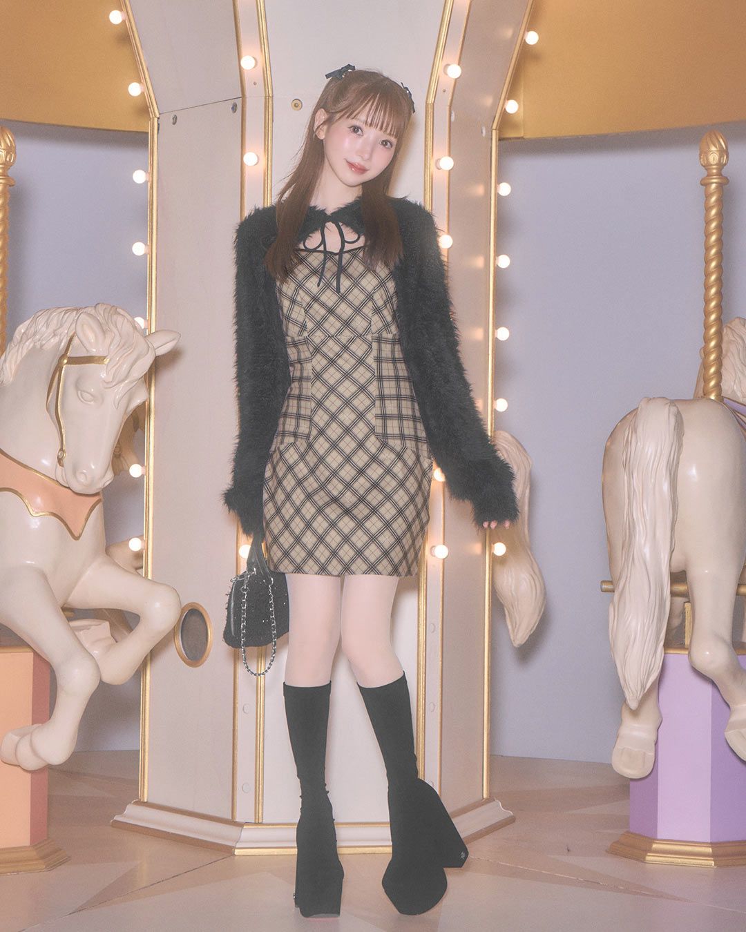 オリジナルチェック柄アンサンブルミニワンピース ベージュ